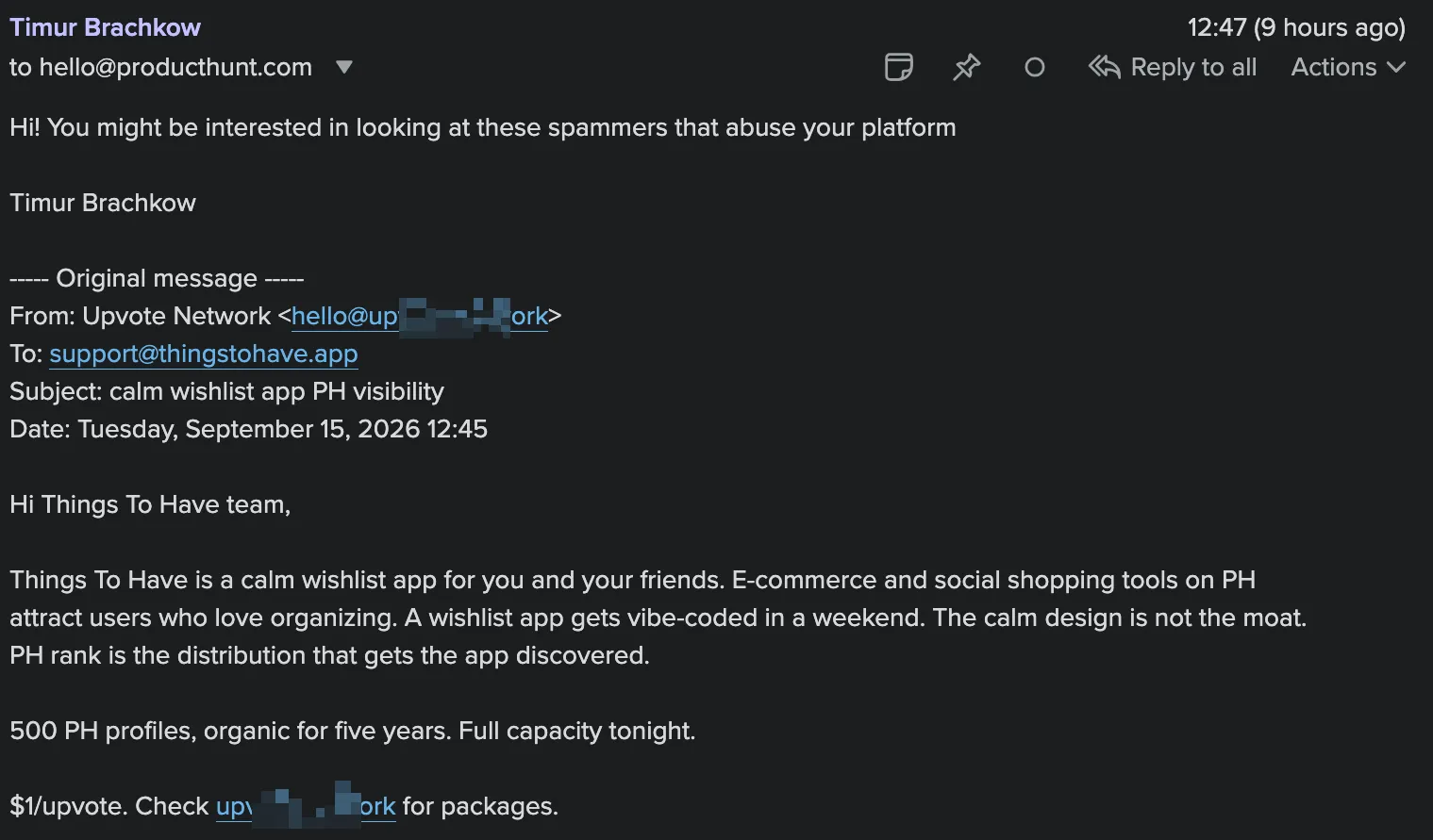 Example of an abuse email I forwarded to Product Hunt support